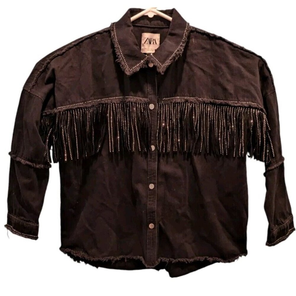 Black Fringe Jacket Womens Western Denim Size Small Zara Embellished‎ Oversized